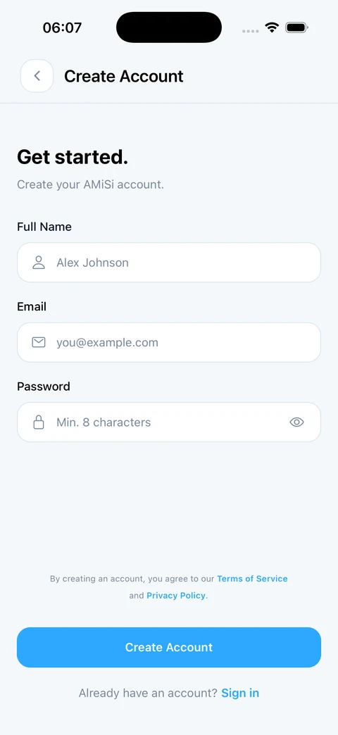 AMiSi React Native authentication screen with email, Google and Apple sign-in