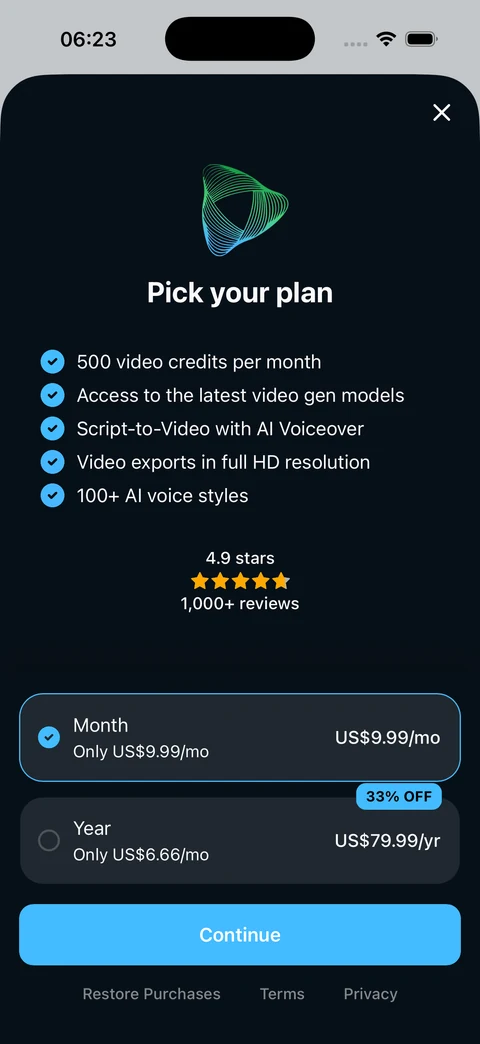 Subscription paywall with plan options and a restore purchases link