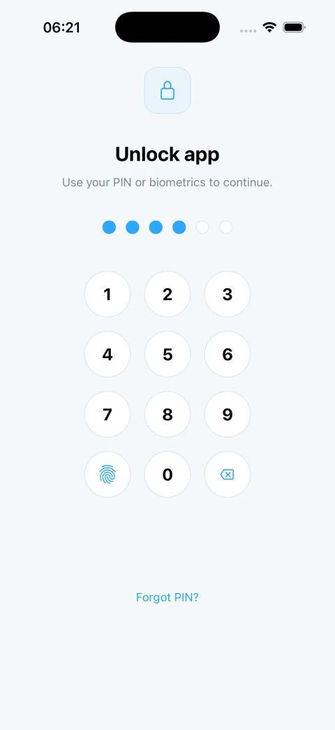 PIN entry screen with a numeric keypad and a biometric shortcut
