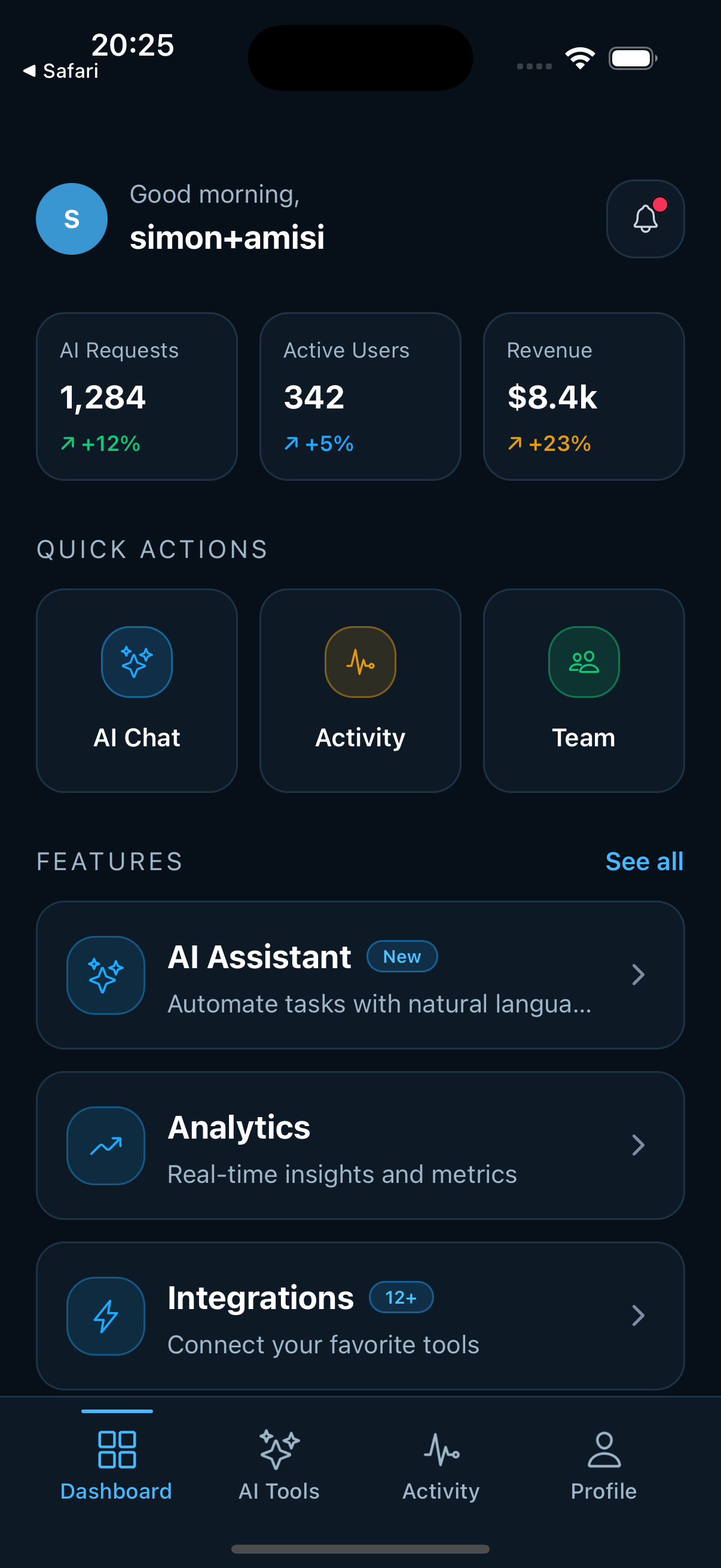 AMiSi mobile app overview using the dark theme